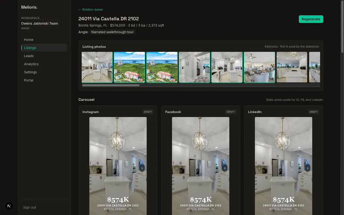 Melioris portal generating Instagram, Facebook, and LinkedIn posts for one of David's listings